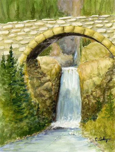 Christine Falls Mt Rainier in Watercolour