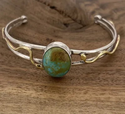 Sterling Silver, Brass and Turquoise Snake Cuff Bracelet