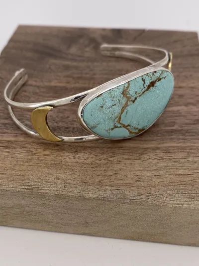 Sterling Silver, Brass and Turquoise Cuff Bracelet