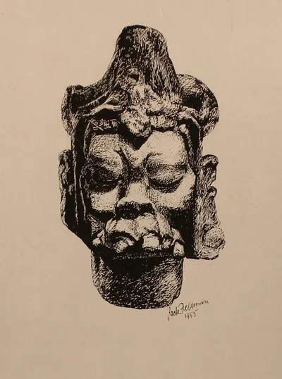 Mayan Head on scratch board 1955
